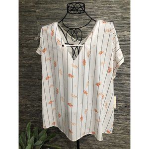 2X Plus Floral Striped Top Blouse Short Sleeve